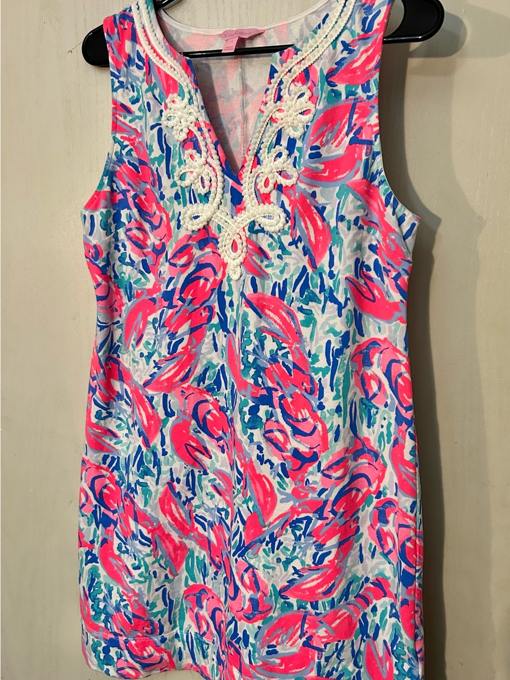 Lilly Pulitzer Floral Shift Dress Size Medium Pink Blue Embellished Neckline